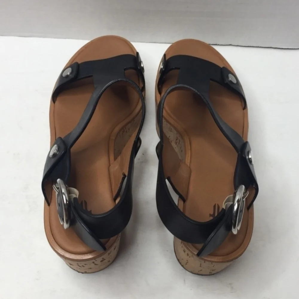 FRYE // dahlia black leather upper rivet detail platform cork wedge sandals